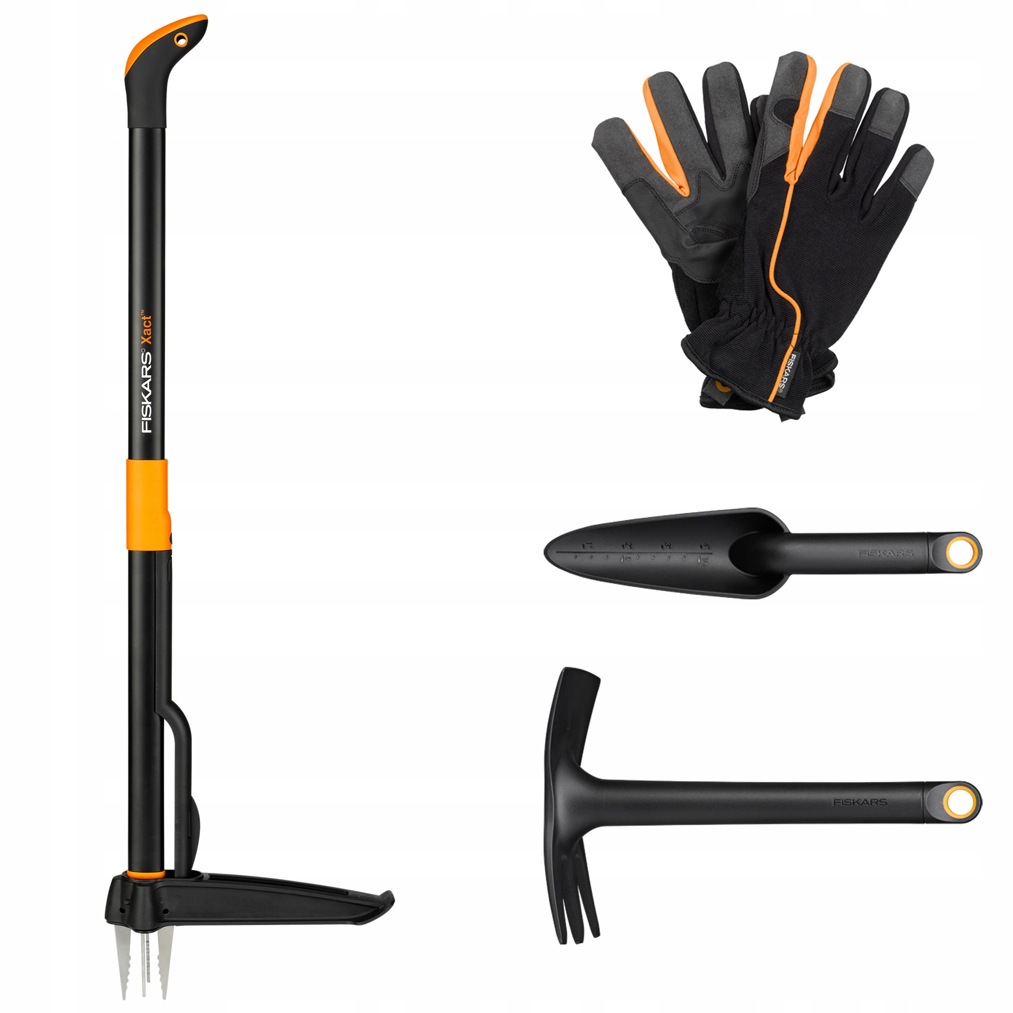 Sada záhradného náradia Fiskars 4e, odstraňovač buriny, motyka, lopata, rukavice