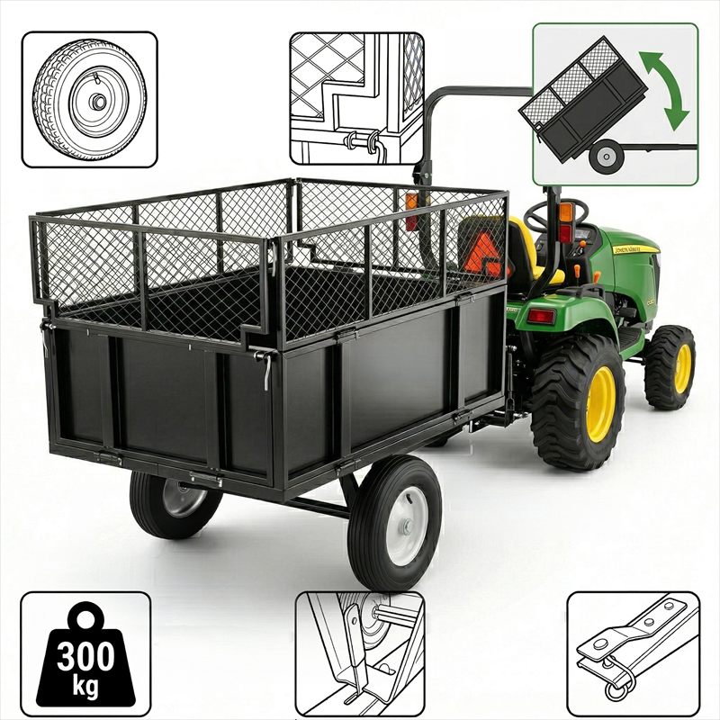 Príves za štvorkolku alebo záhradný traktor so sklápačom a odnímateľnými bočnicami, 300 kg